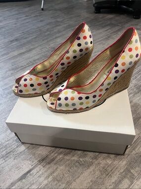 Steve Madden Polka Dot Peep-Toe Espadrille Wedges with Pink Trim